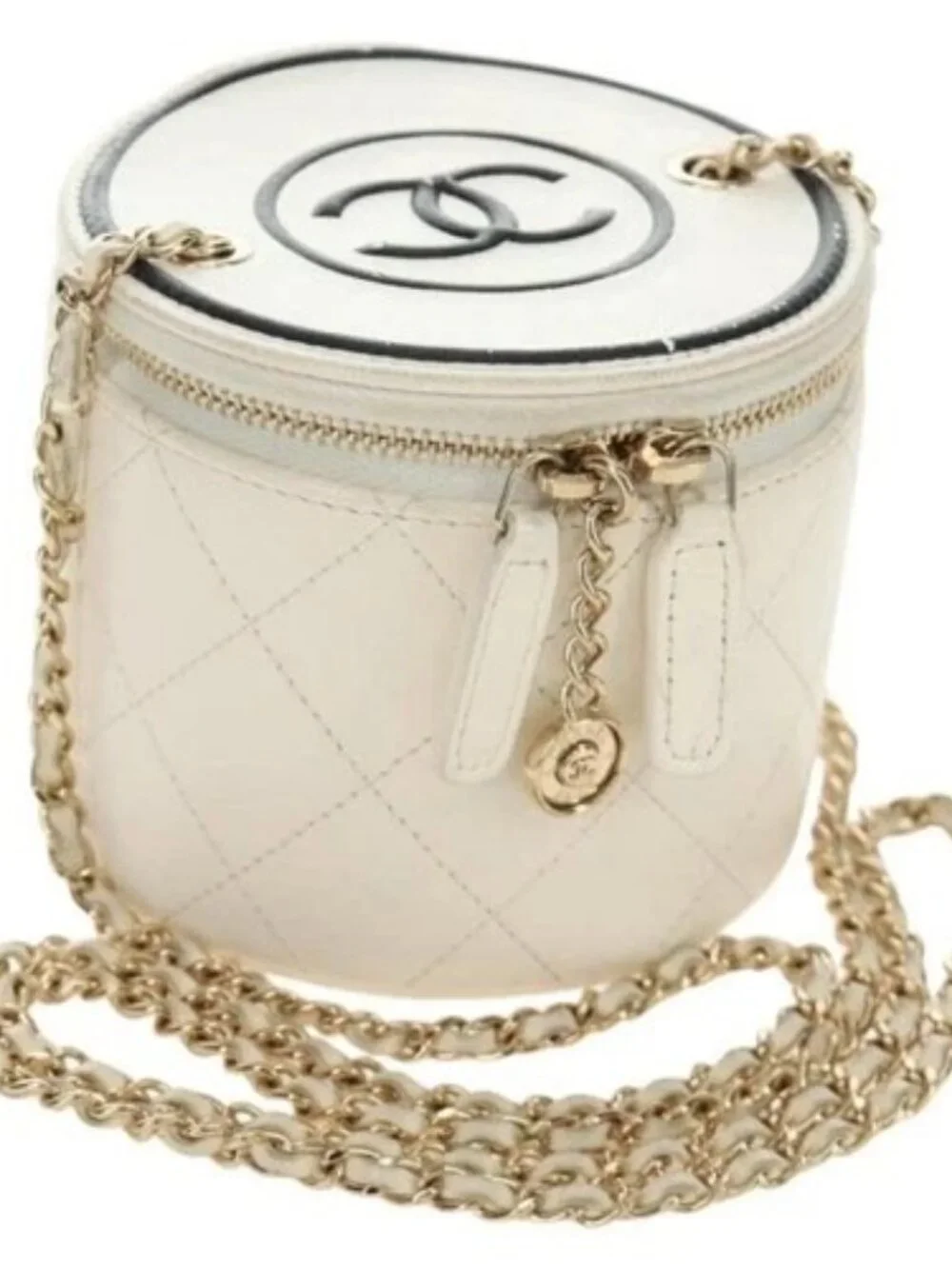 CHANEL Matelasse Chain Vanity Bag Lamb Skin White Gold CC Auth 188894SAM
